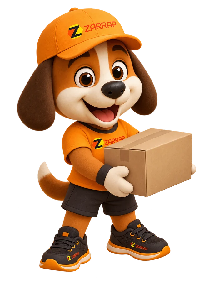 Mascote ZARRAP segurando uma caixa